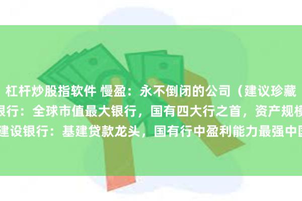 杠杆炒股指软件 慢盈:永不倒闭的公司(建议珍藏):一、金融行业工商银行:全球市值最大银行,国有四大行之首,资产规模超100万亿元建设银行:基建贷款龙头,国有行中盈利能力最强中国平安:综合金融巨头,保险 银行 科...